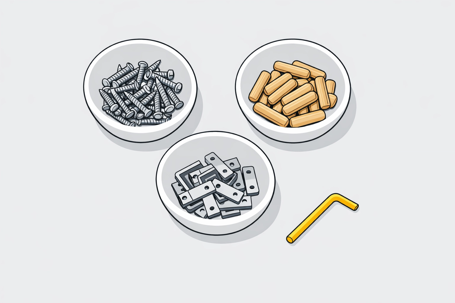 Organized furniture assembly hardware in small bowls to prevent missing pieces during setup.