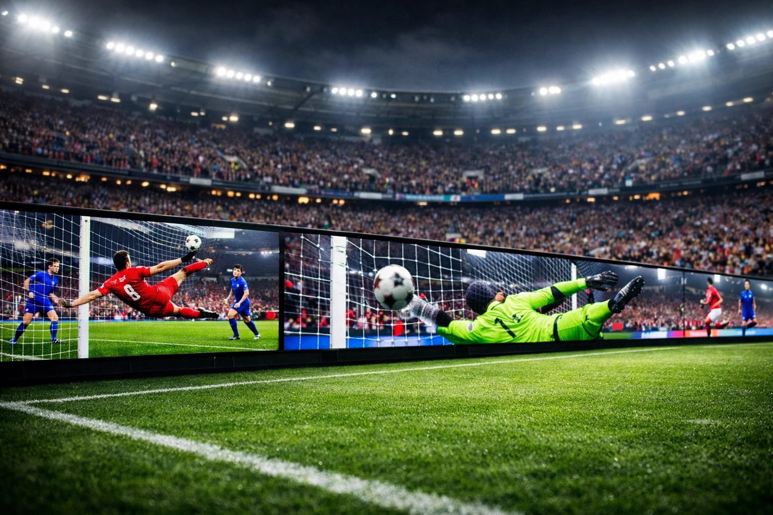 Digital LED perimeter screens at a soccer stadium displaying high-definition goal replays to engaged fans.