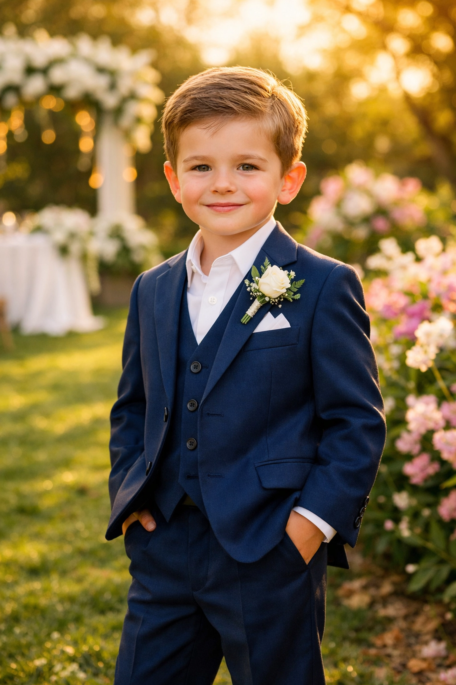 Young boy wearing navy blue suit at outdoor spring wedding
