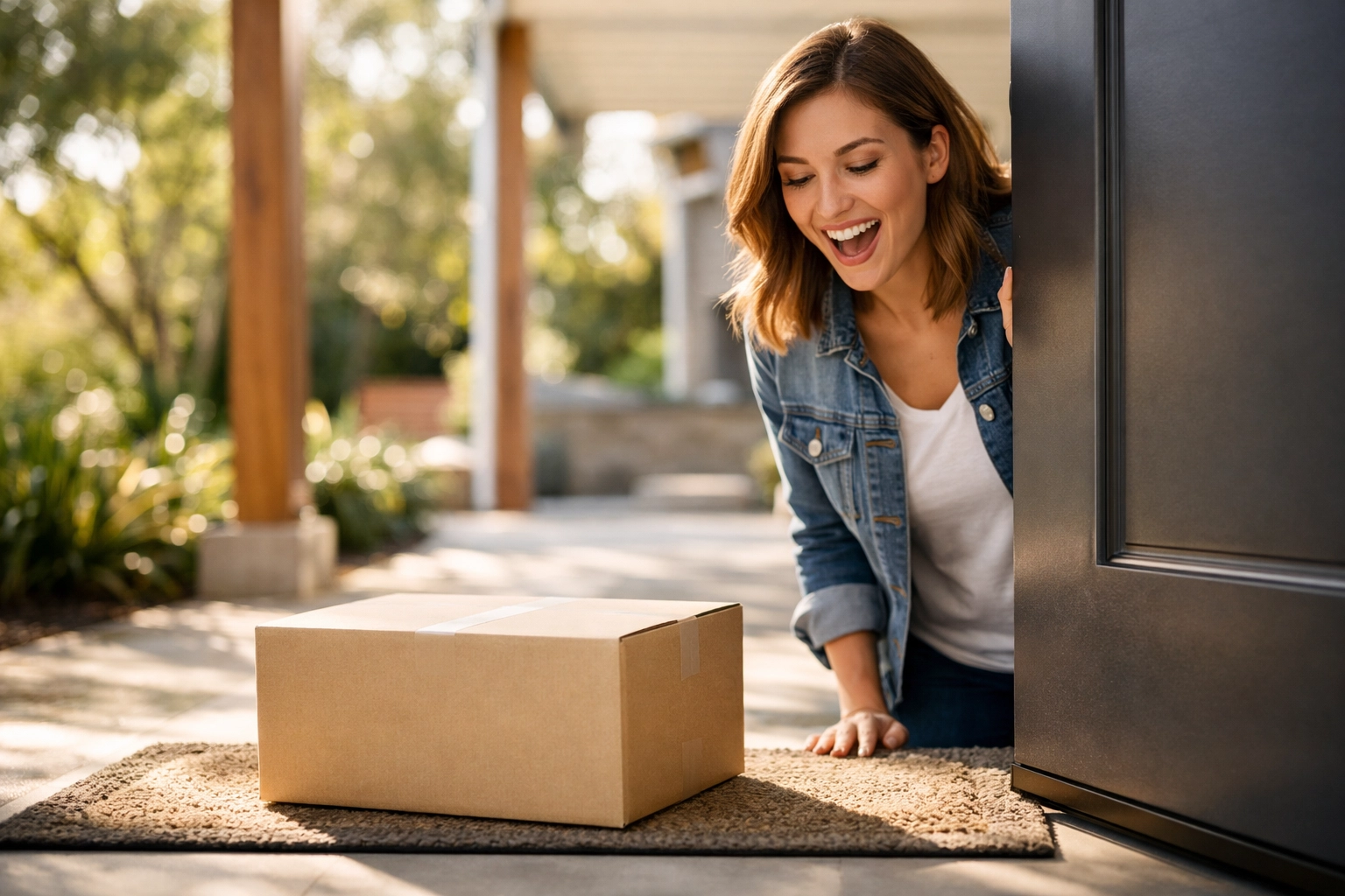 A happy customer receiving a fast TikTok Shop fulfillment package on their doorstep with 2-day delivery.