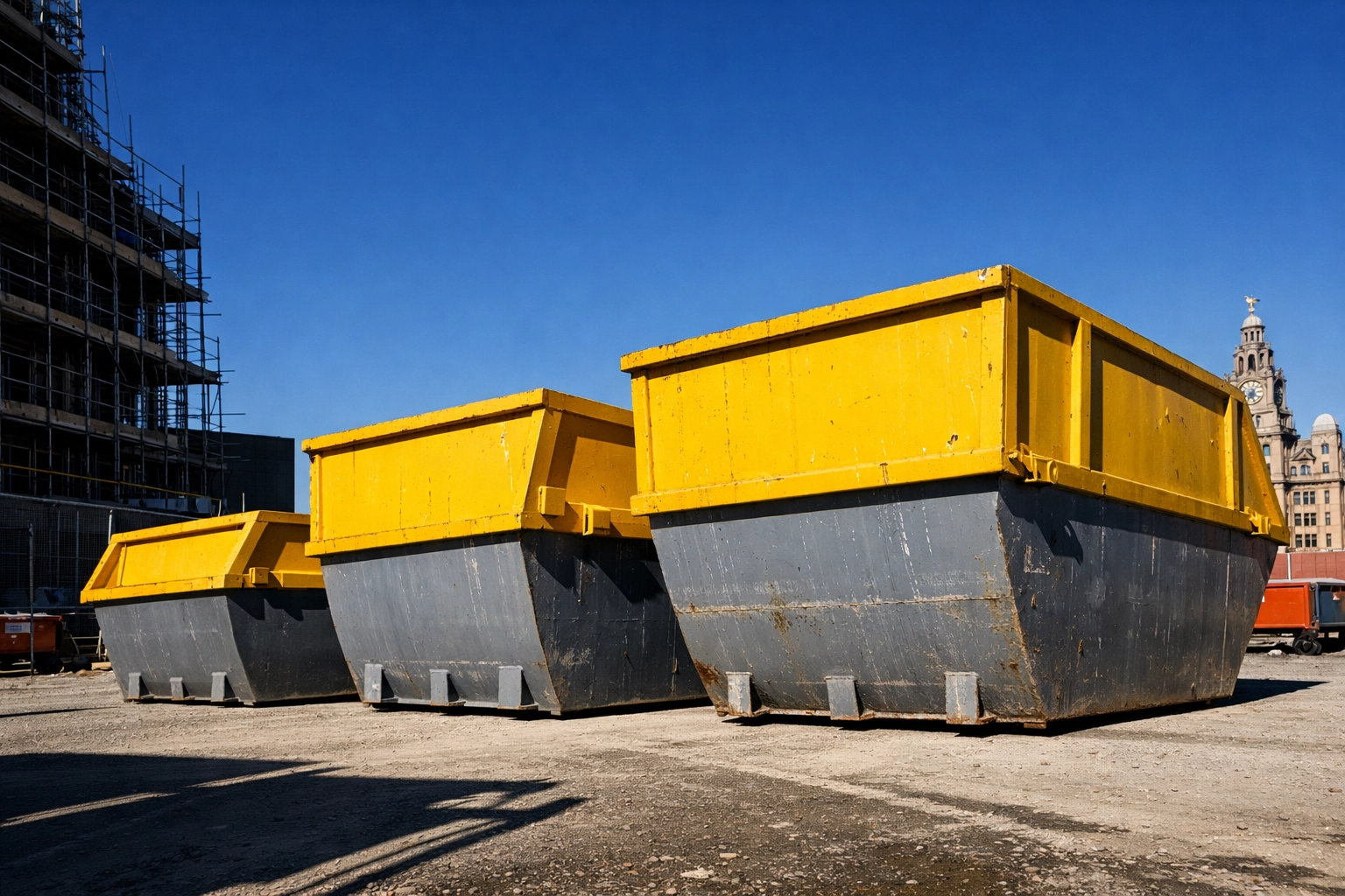 Three different sized skips showing 2-ton, 4-ton and 8-ton skip comparison for Liverpool waste removal