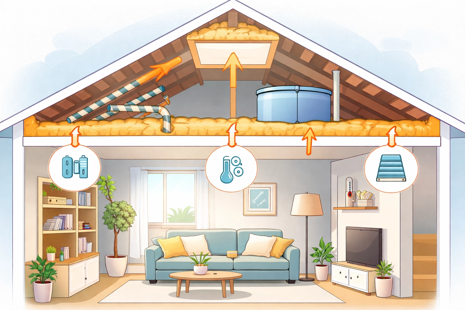 Infographic of a well-insulated loft hatch, pipes, and water tank in a cosy UK home