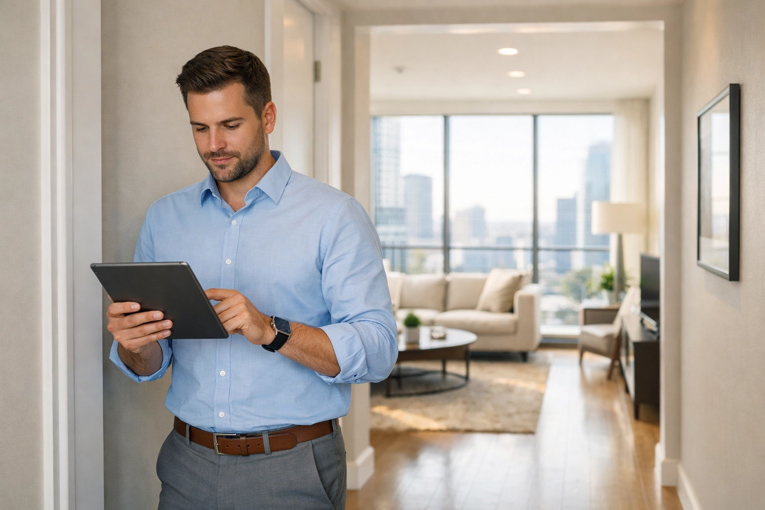 Midwest property manager conducting a pre-move-out inspection in a modern Chicago high-rise apartment.