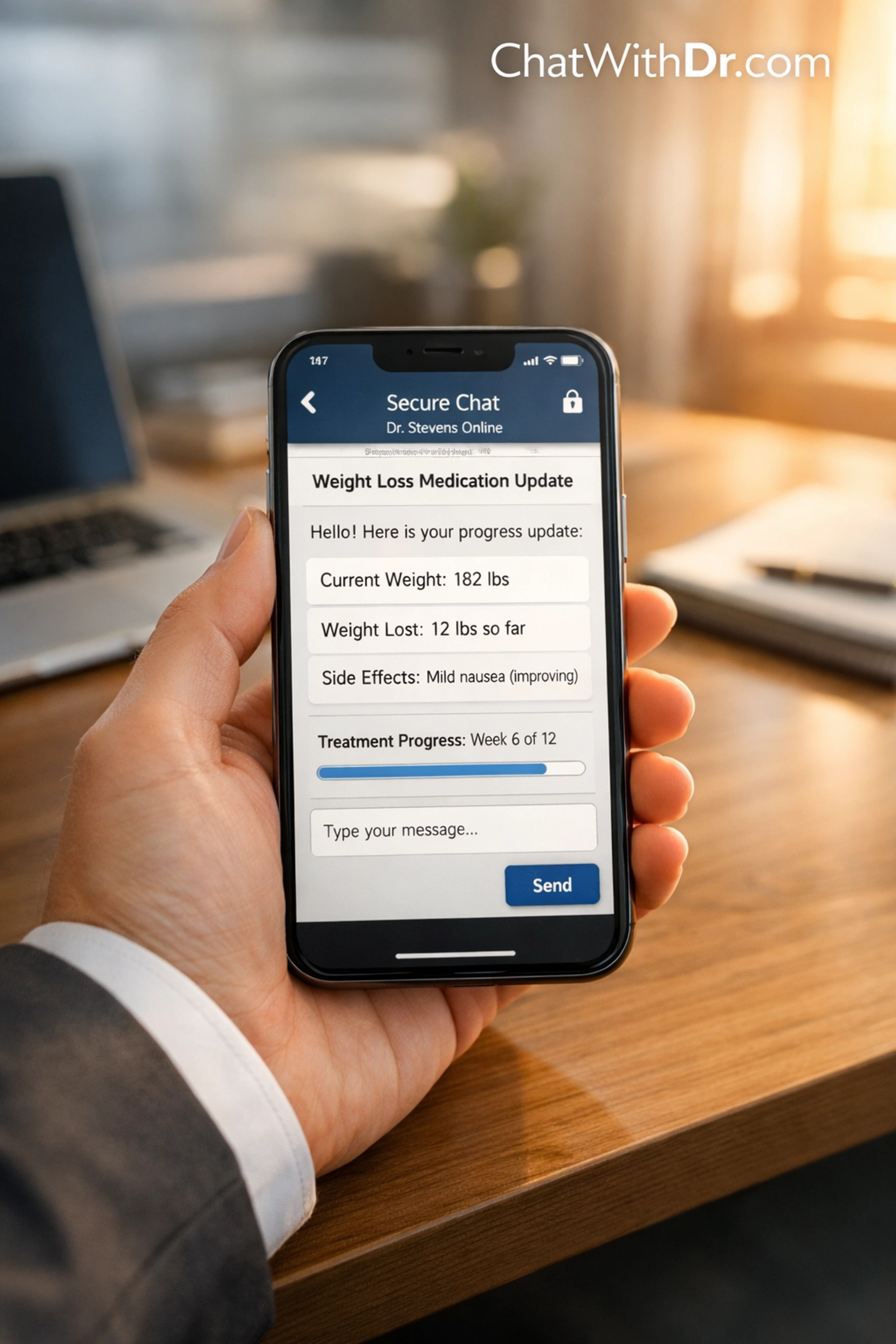 Professional using weight loss telehealth for a secure text-based medication refill on a smartphone in an office.