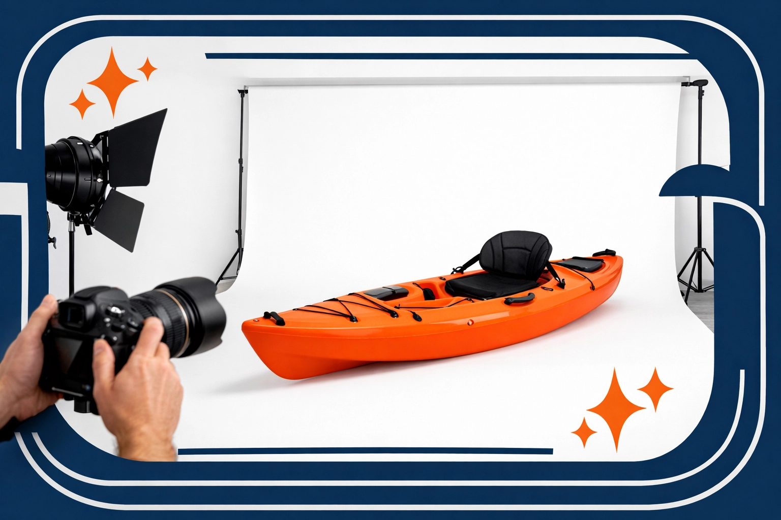 Professional photo of an orange kayak being prepared for a premium listing on the Chartrflex rental app.