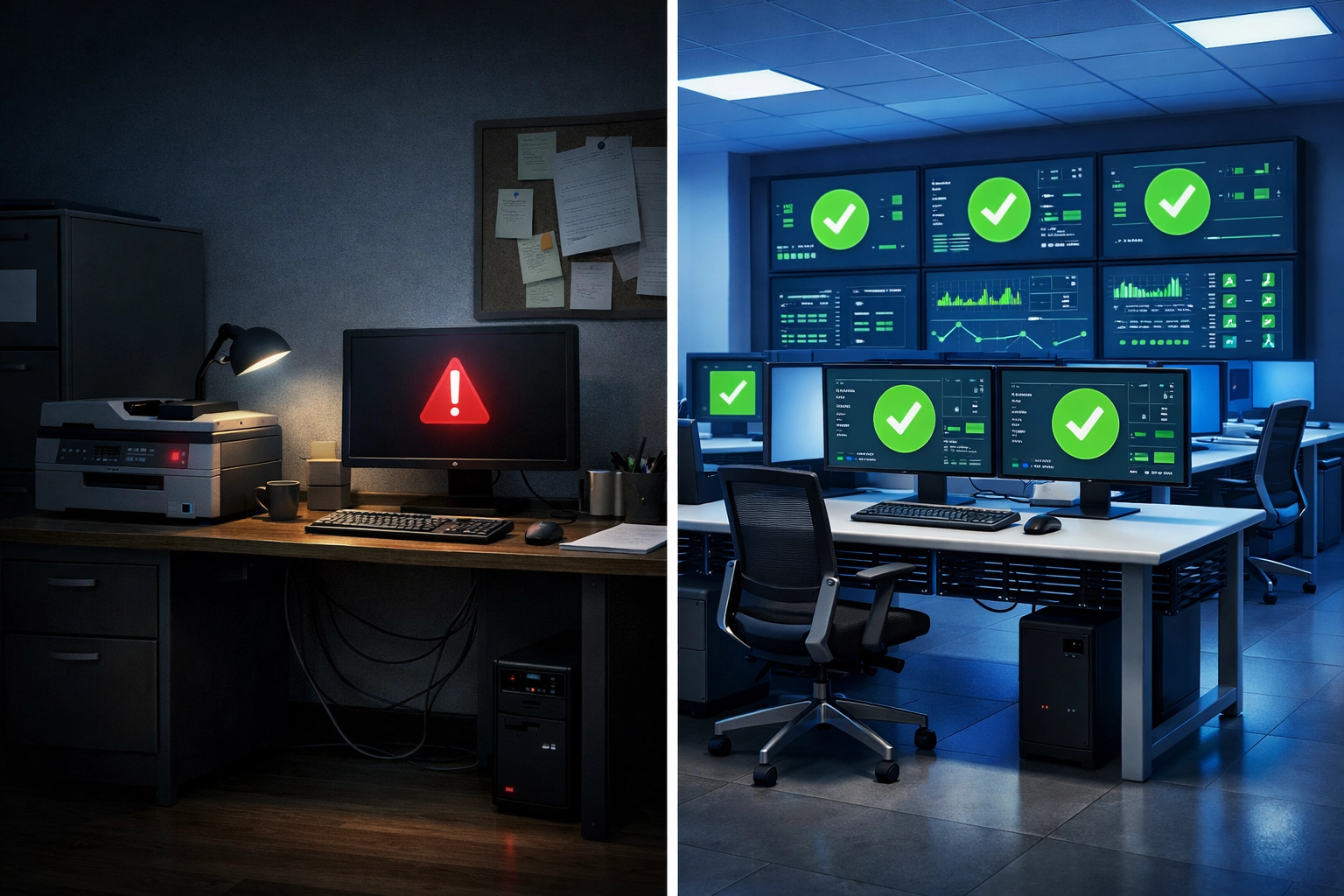 Small business office compared to enterprise IT support resources and monitoring