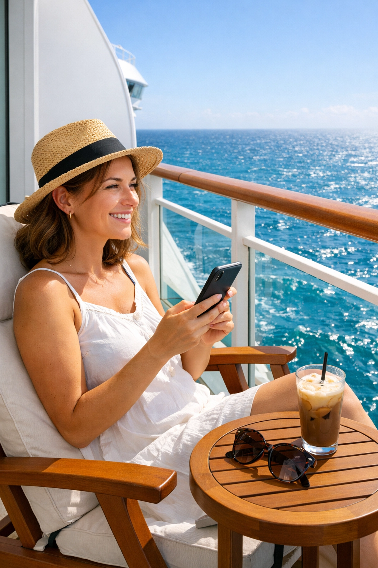 A traveler using Wi-Fi on a cruise ship balcony while enjoying the Caribbean sea view.