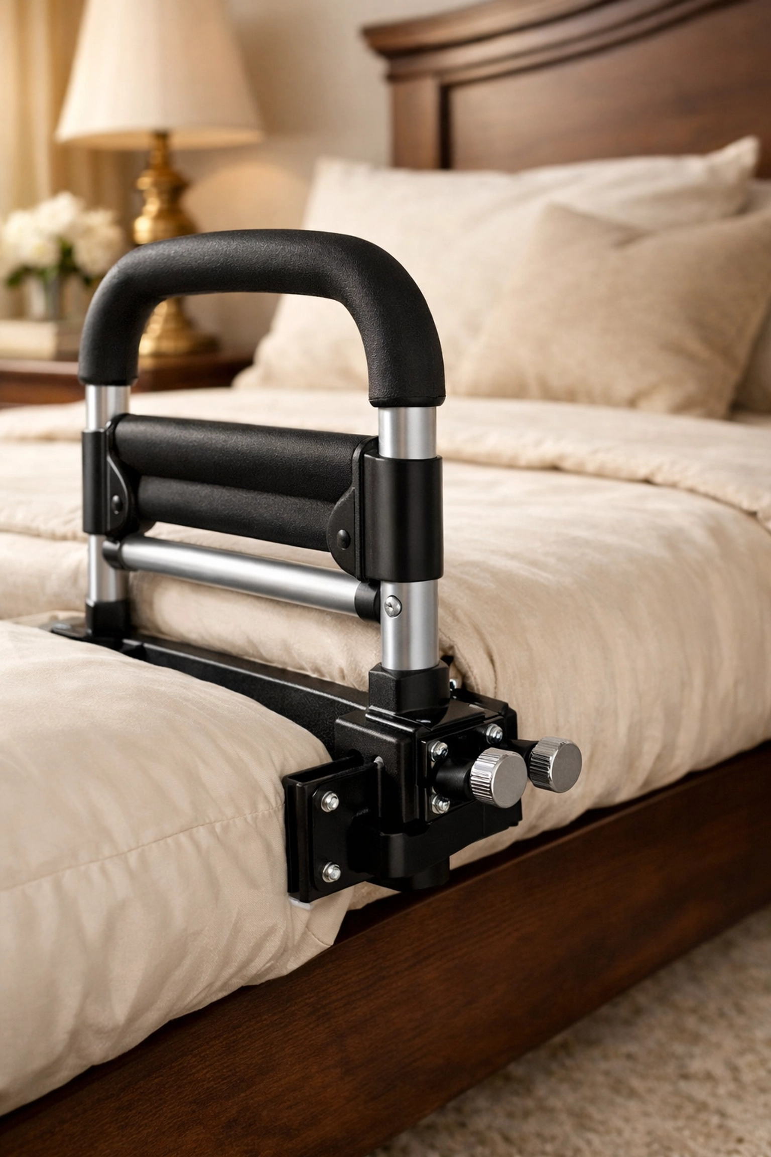 A premium bedside safety rail with a non-slip handle securely attached to a bed frame for senior mobility.