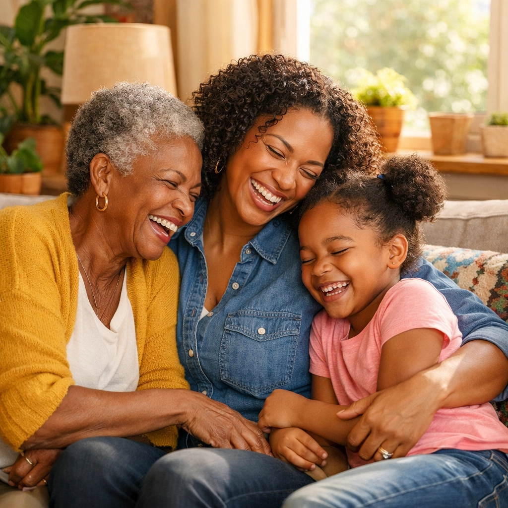 Black family in a South Jersey home celebrating relief after receiving utility and emergency financial assistance.