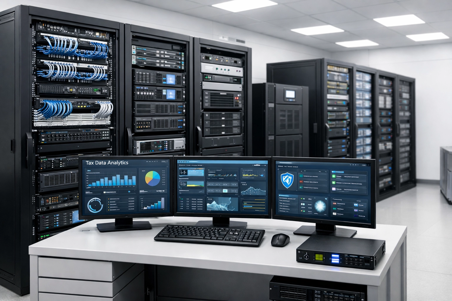ERO tax office server room with network equipment and backup systems for high-volume operations