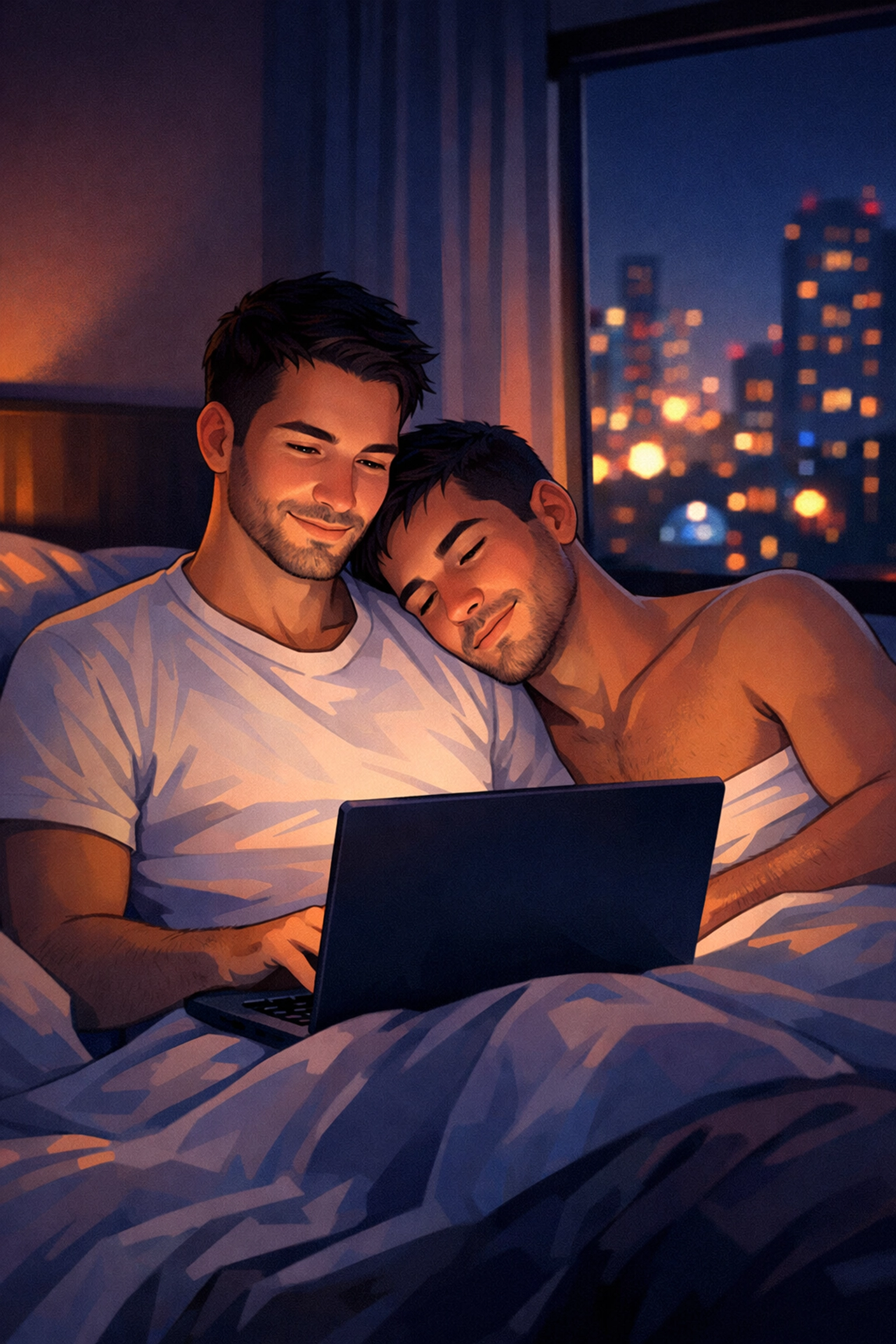 Two men share intimate moment with laptop in hotel room - gay romance couple