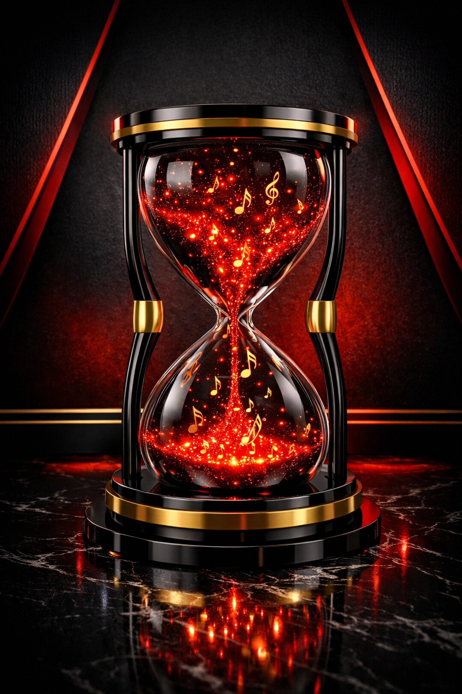 Modern black and gold hourglass with red musical notes, symbolizing effective time management in audio production.