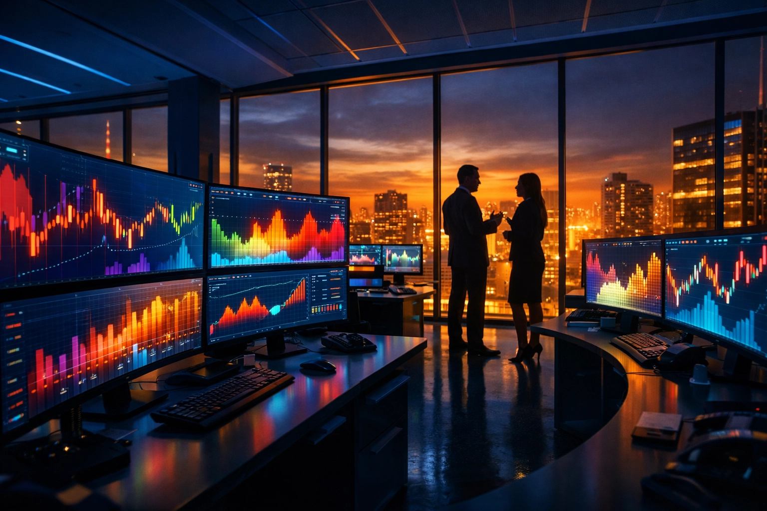 Institutional investors analyzing event-driven hedge fund strategies on modern trading floor