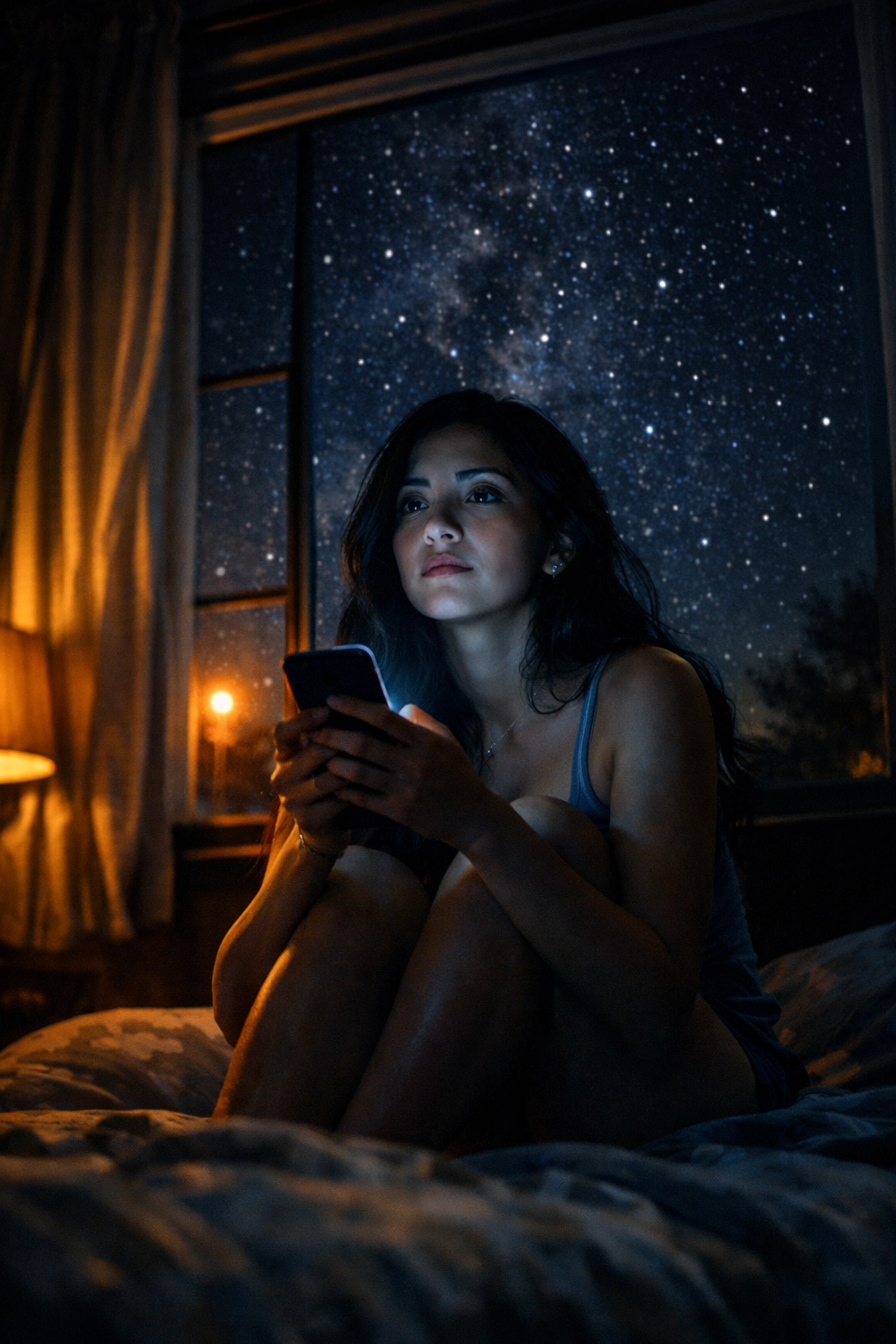 Young woman searching for spiritual answers on her smartphone late at night