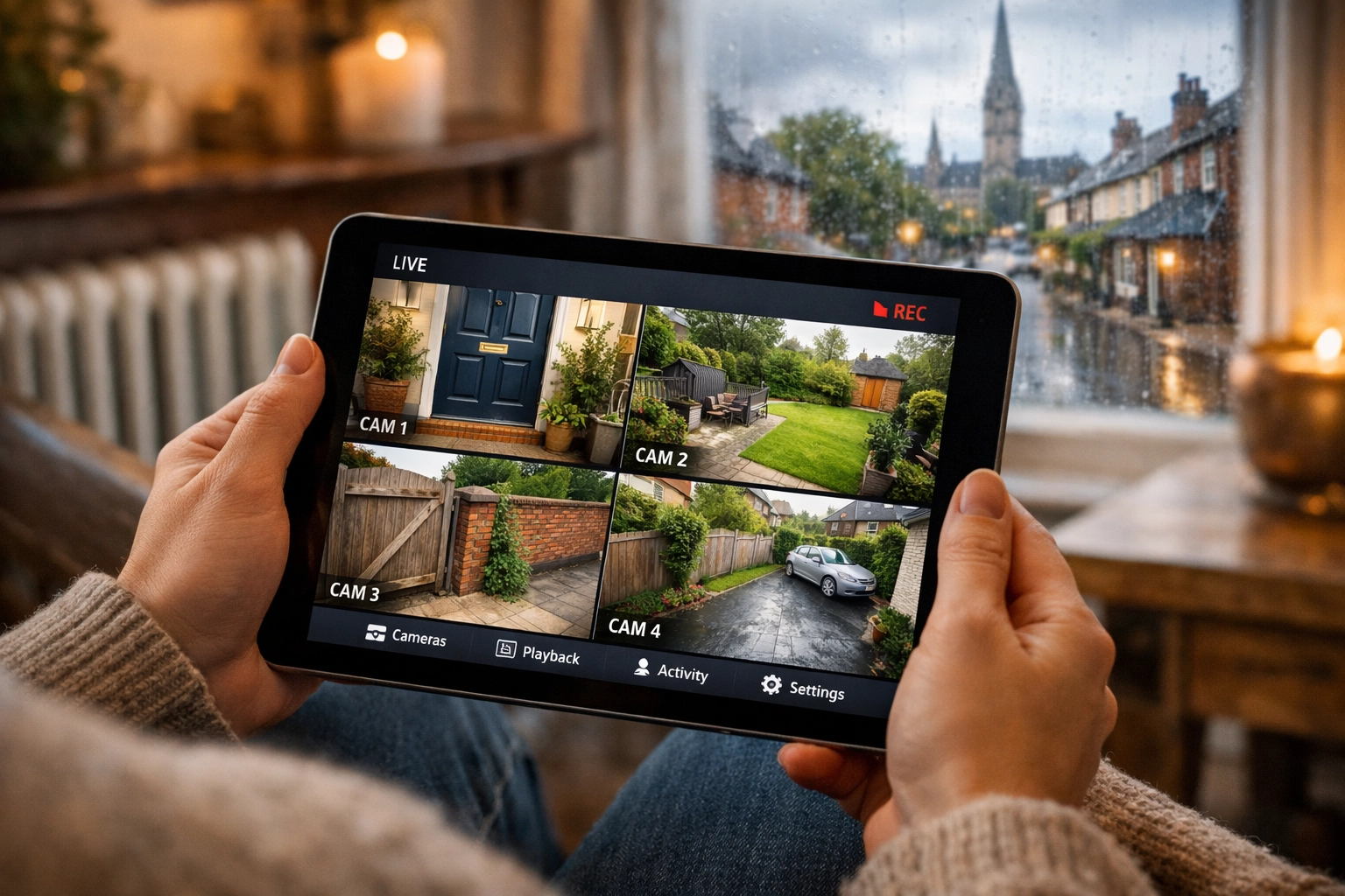 A homeowner in Salisbury using a tablet to remotely monitor live CCTV feeds of their property.