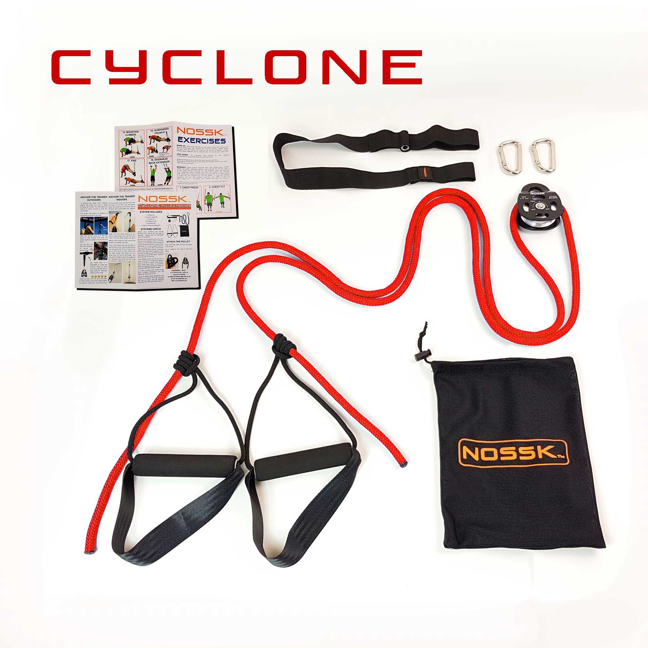 Complete NOSSK Cyclone Pulley Trainer set (handles, rope, pulley, anchors, and carry bag).