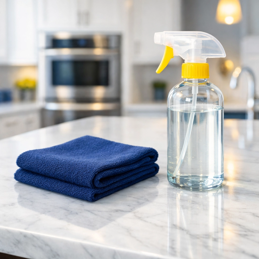 Professional move-out cleaning supplies on a clean marble countertop in a modern Worcester kitchen.