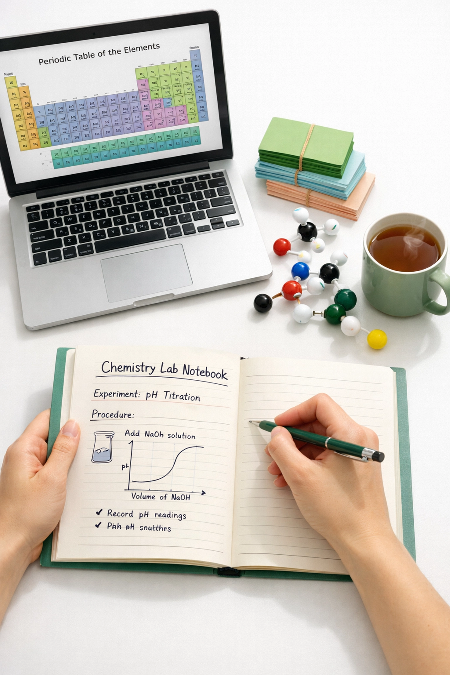 Organized chemistry study workspace with lab notebook, molecular models, and revision materials