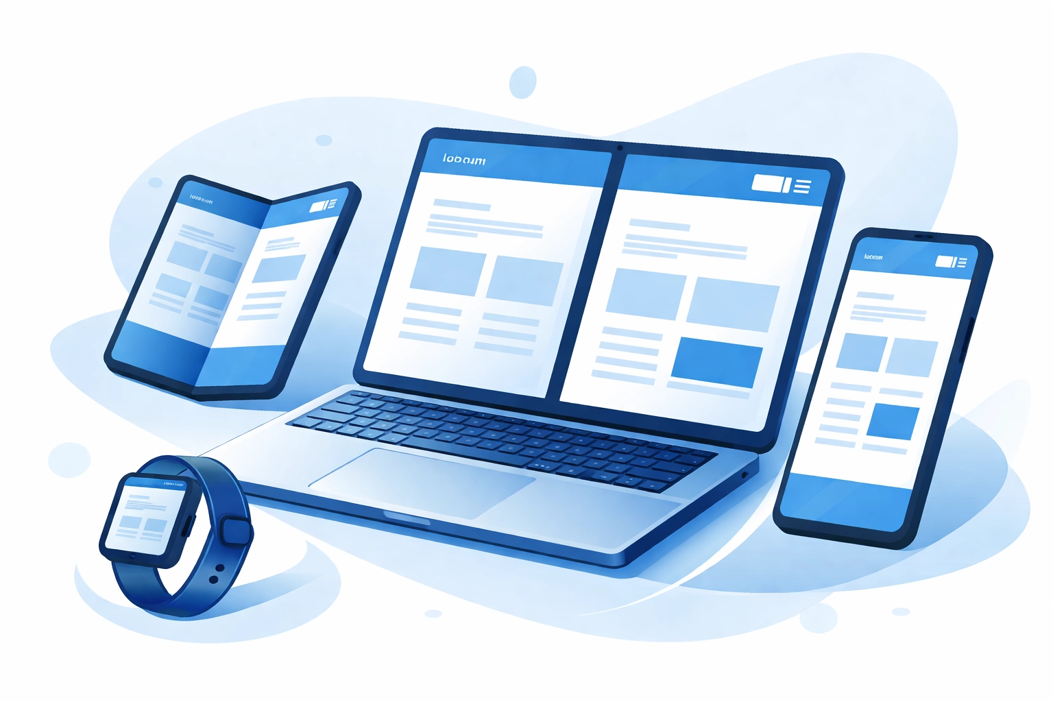 Illustration of multiple modern devices each displaying an adaptive website, representing multi-device responsive design in 2026