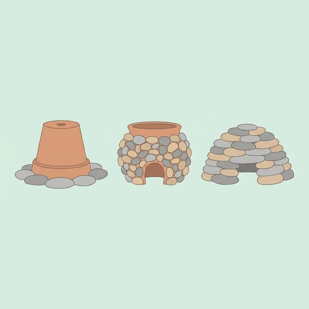 Comparison of three toad shelter designs using clay pots, river rocks, and stacked stones for eco-friendly habitats