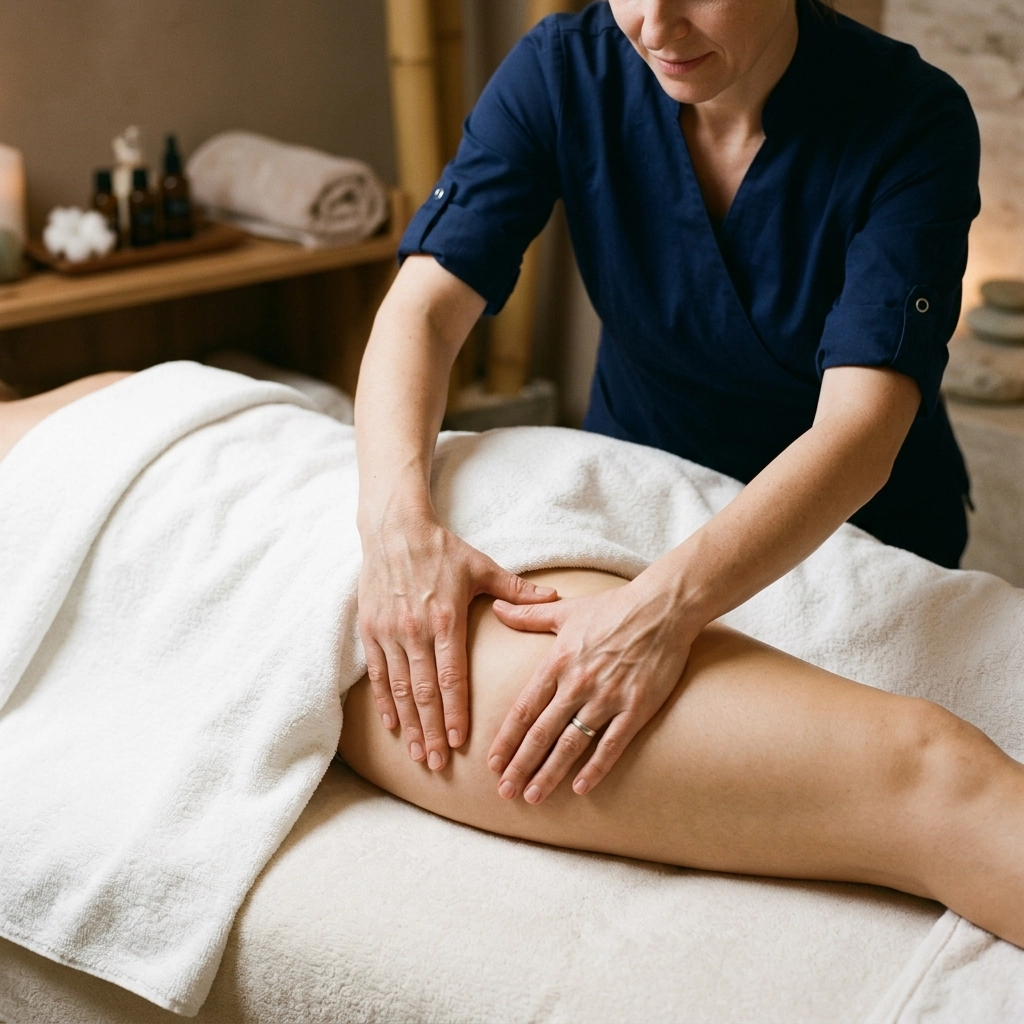A close-up of professional, therapeutic hands performing a gentle lymphatic drainage massage on a client. The lighting is soft and warm, highlighting the clinical yet nurturing care.