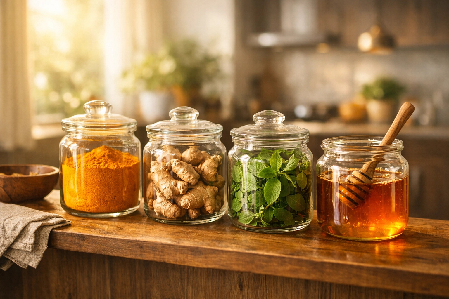 Jars of turmeric, ginger, and honey on a kitchen shelf for natural home remedies.