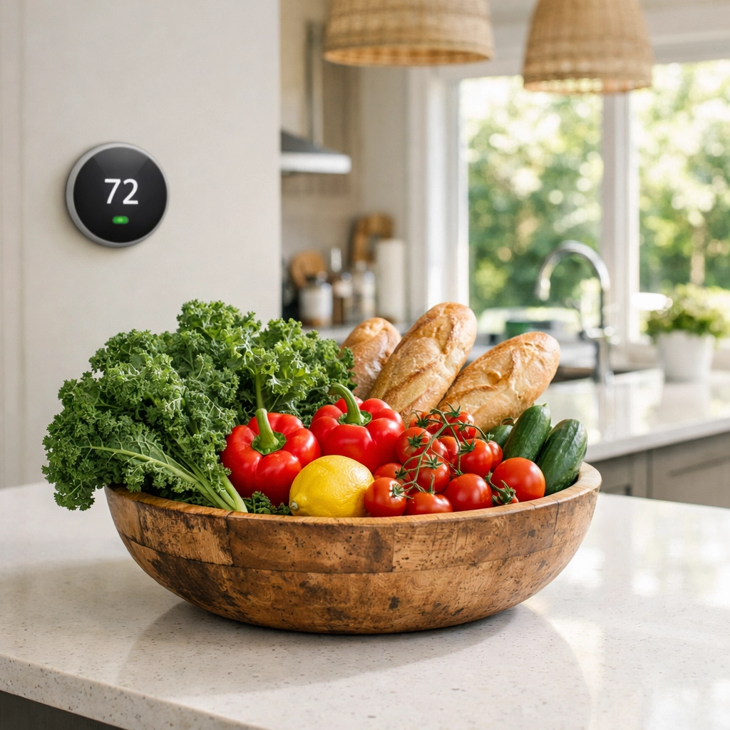 Modern Triad kitchen showing fresh groceries and energy-efficient thermostat for budget-conscious homeowners.