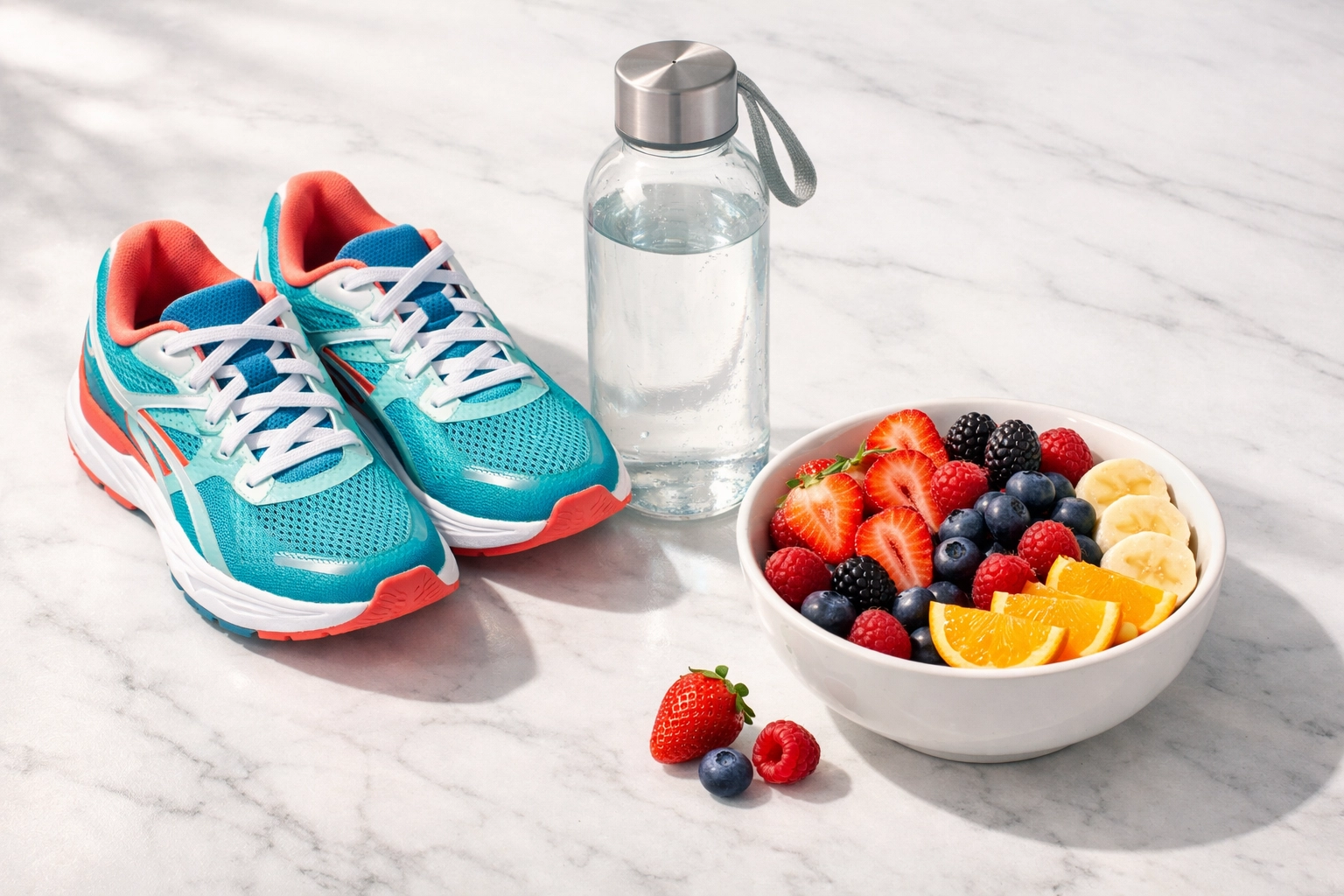 Healthy lifestyle essentials like running shoes and fresh fruit to support clinical weight loss goals.