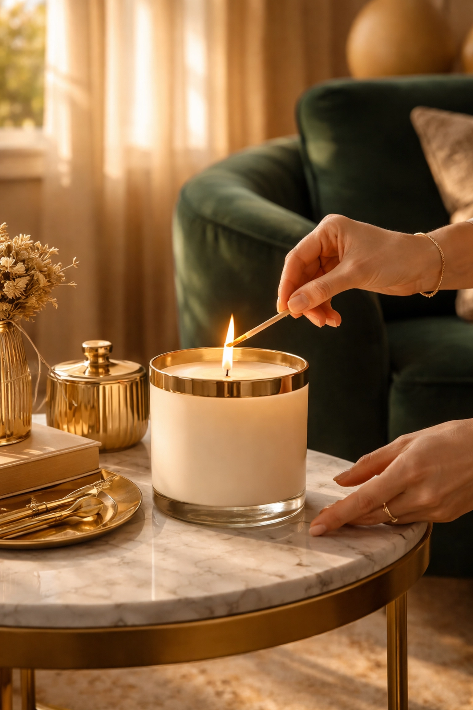Woman lighting a luxury soy candle in a serene modern living room for intentional self-care