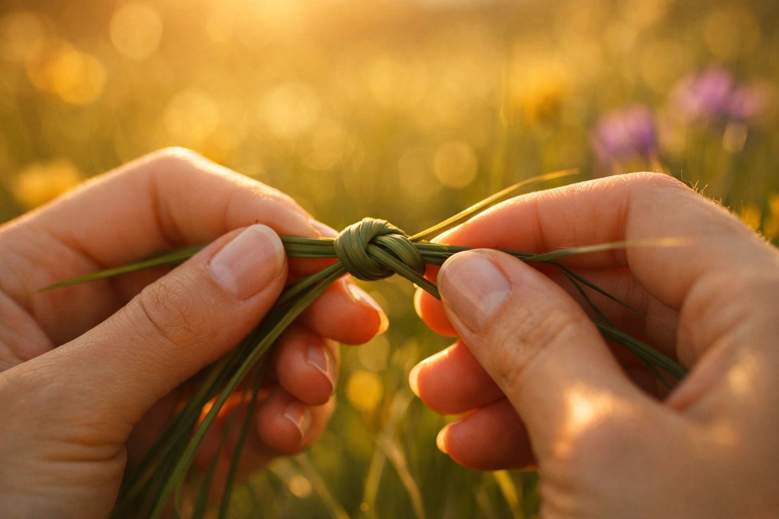 Hands tying a grass knot known as Gereh Zadan in a field during Sizdah Bedar celebrations.