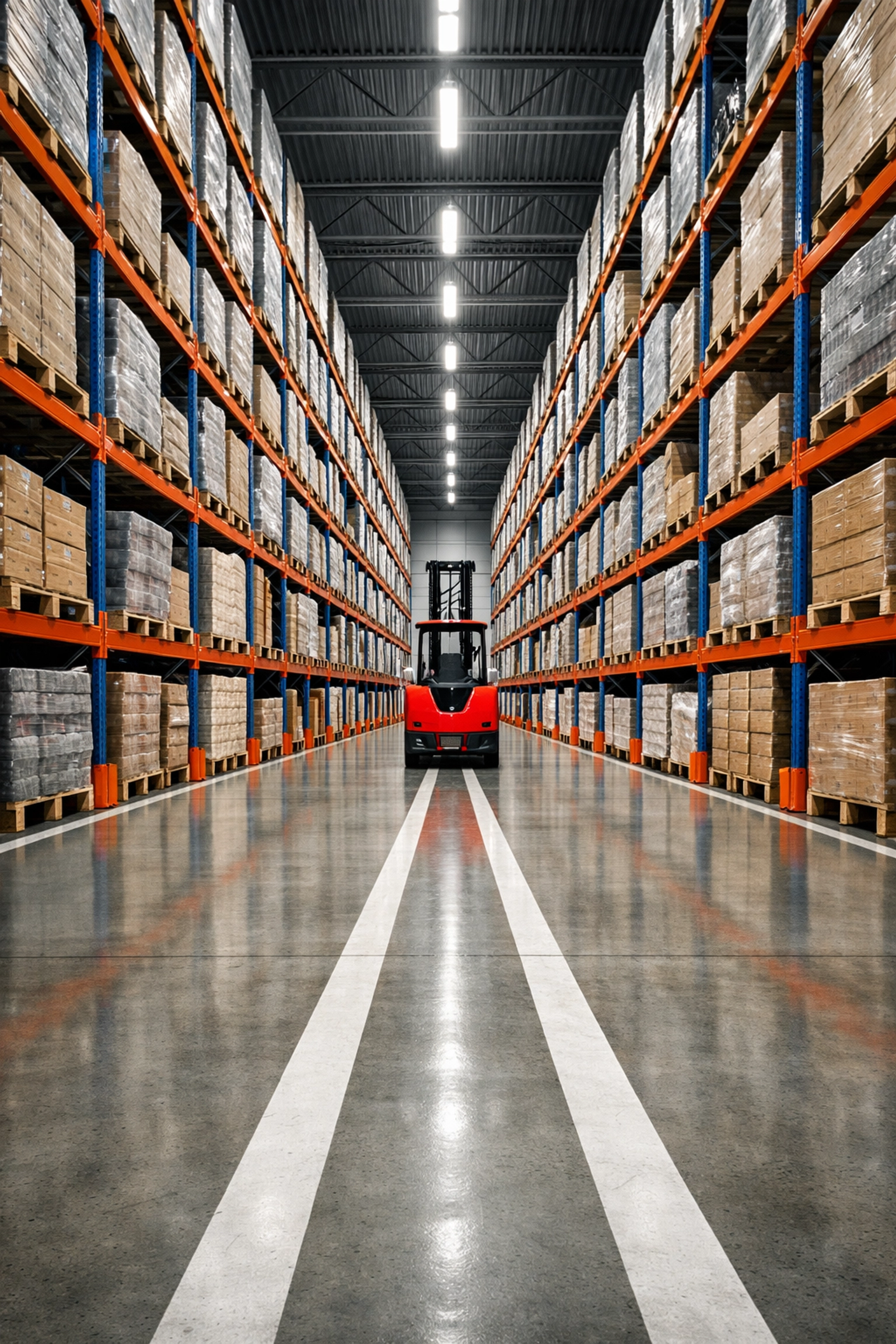 Modern warehouse interior in Hertford showing industrial racking and stock management for retail logistics.