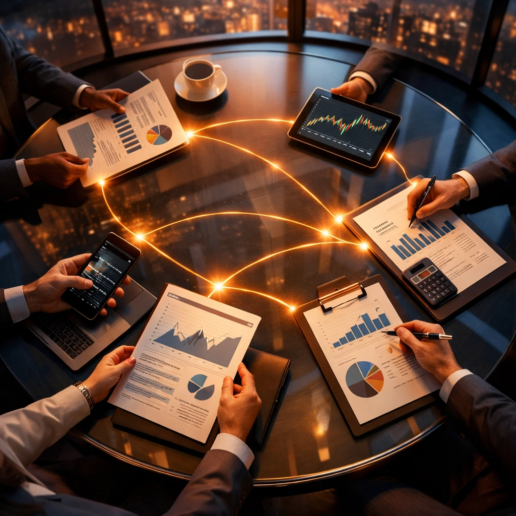 Financial advisors coordinating portfolio strategy around a conference table with shared documents