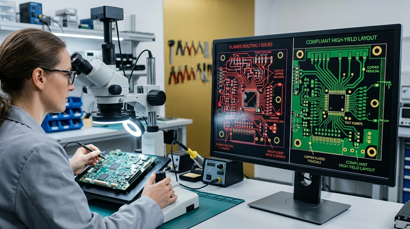 Engineer inspecting a PCB in a lab environment with manufacturability issues contrasted against a compliant high-yield layout.