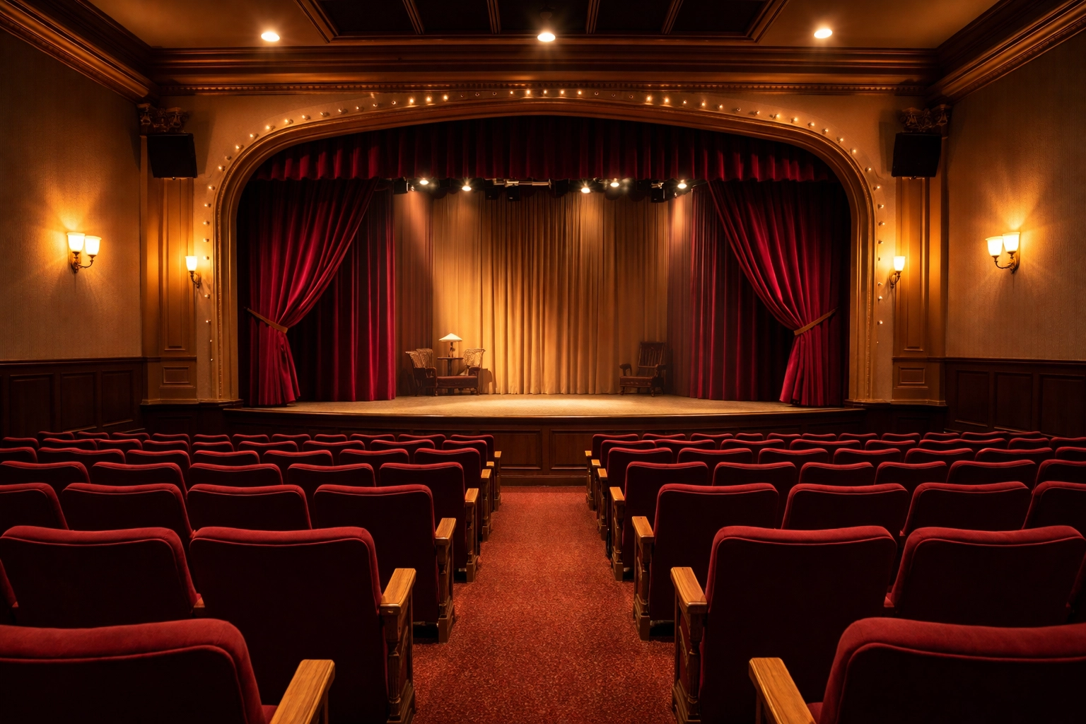 Cozy community theater interior with red velvet seats at Burlington County Footlighters in South Jersey
