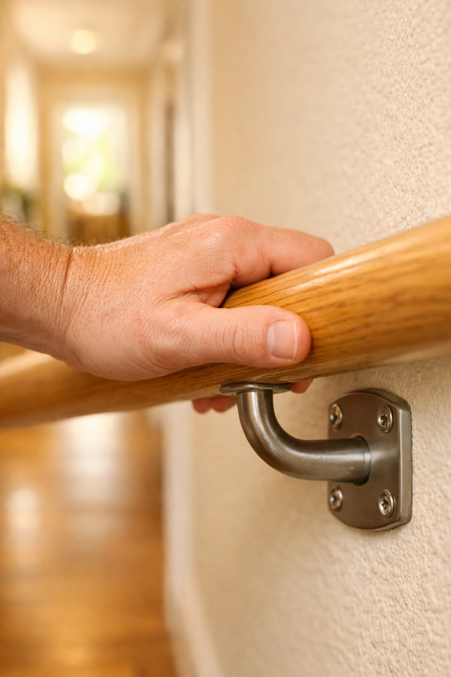 A close-up of a hand firmly gripping a secure wooden handrail to illustrate stable support on stairs.