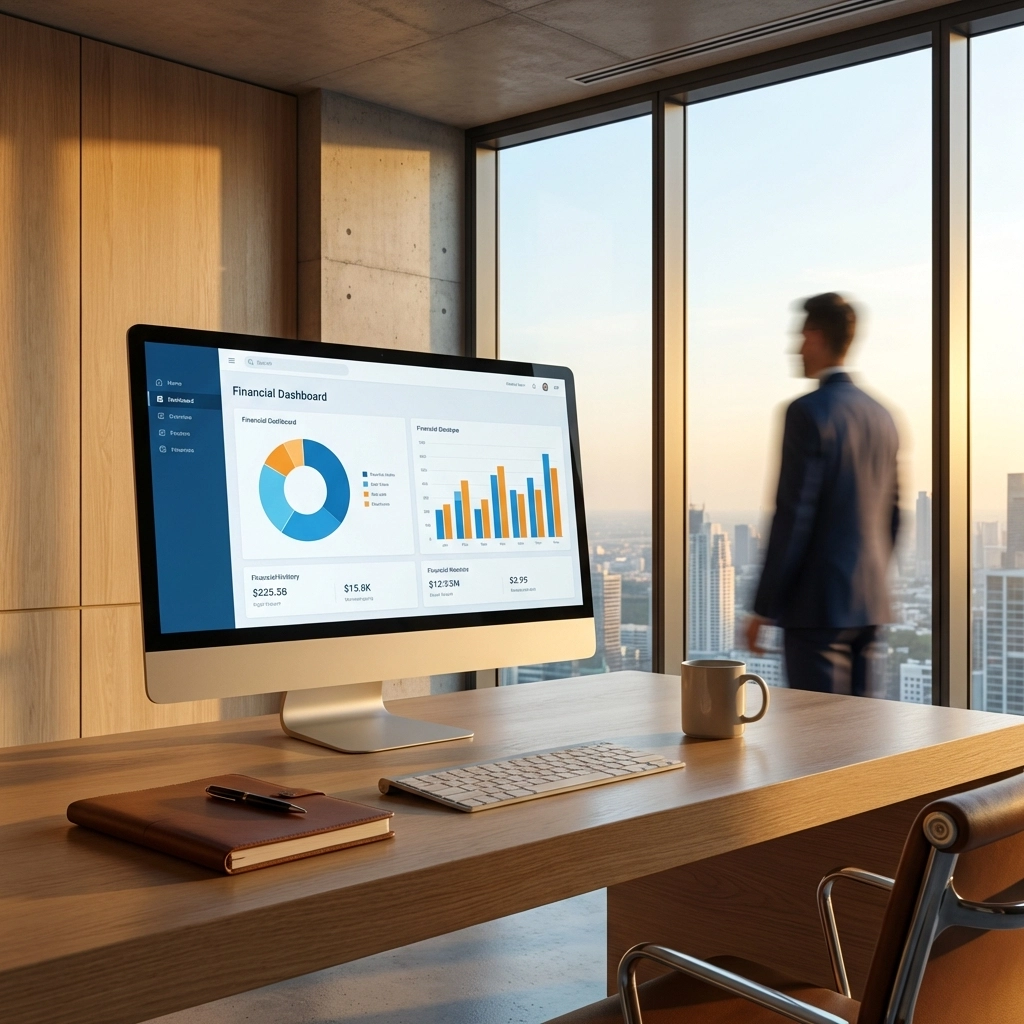 Minimalist workspace featuring a dashboard with portfolio graphs and charts, symbolizing organized wealth management.