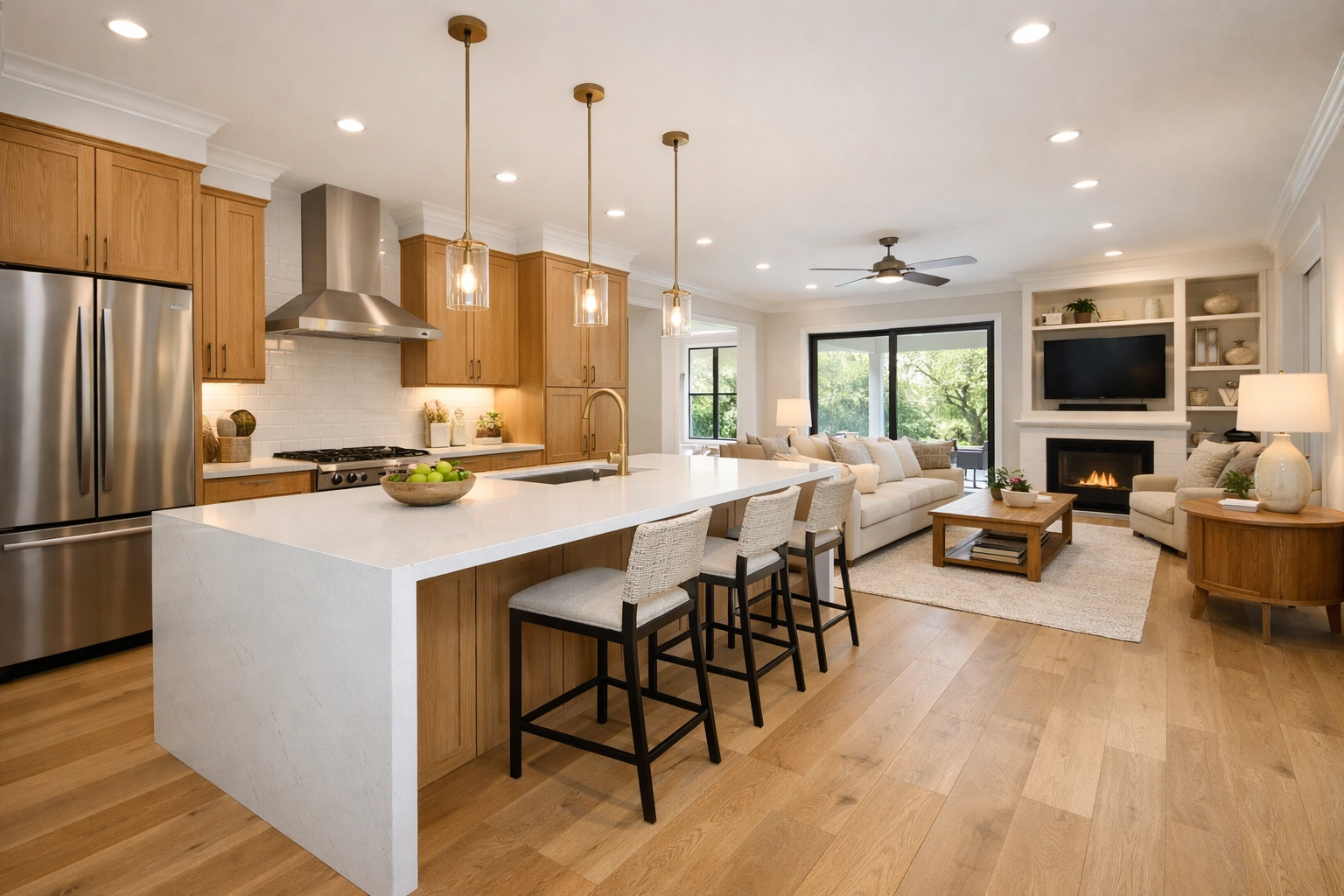 Open-concept kitchen remodeling Orlando with white oak cabinetry and a custom quartz kitchen island.