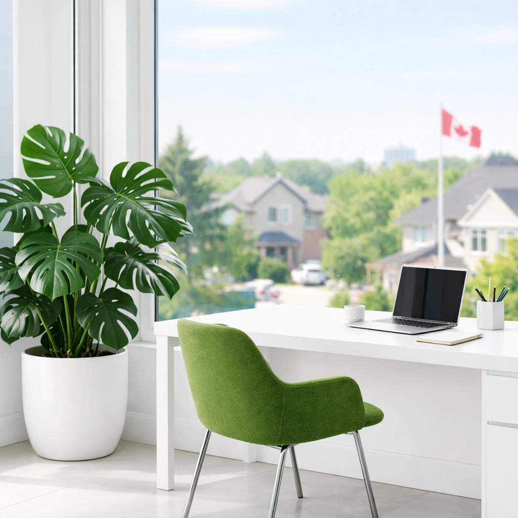 A bright office with a view of a Canadian neighbourhood representing local business growth.