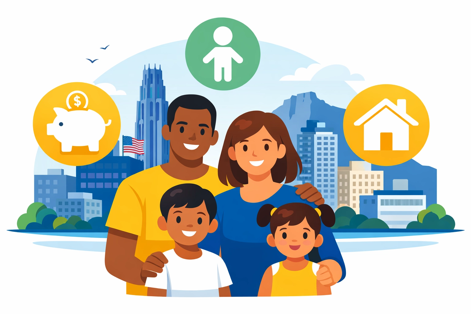 New Haven family with icons for state tax credits and child benefits to maximize their 2026 tax refund.