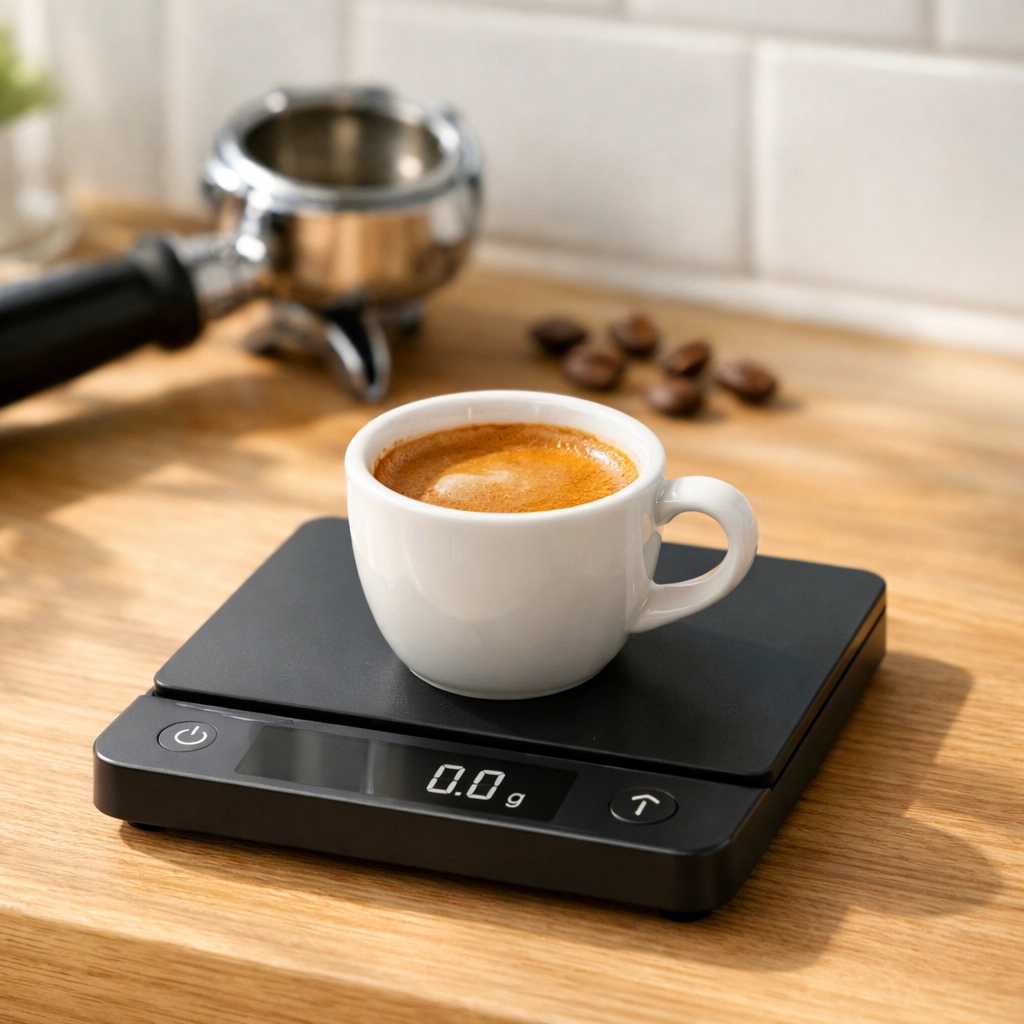 A fresh espresso shot with rich crema being weighed on a digital scale at a home coffee station.