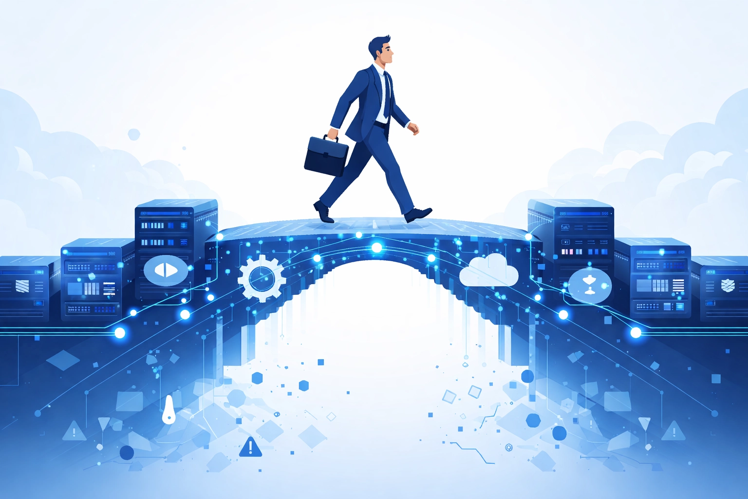 Illustration of a professional crossing a digital bridge made of tech elements, representing stable IT infrastructure and business growth