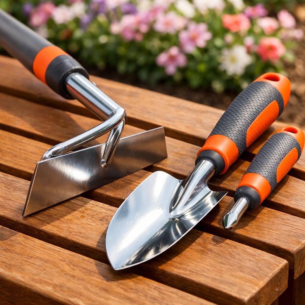 Long-handled and ergonomic gardening tools with non-slip handles on a garden bench.