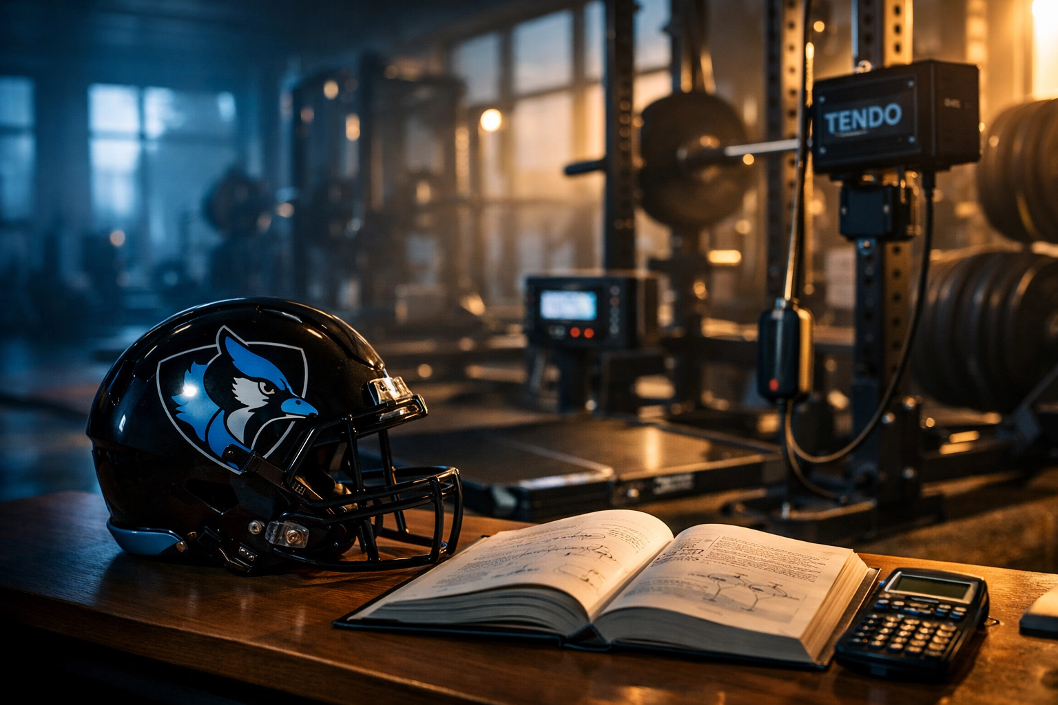 Johns Hopkins football helmet next to physics textbook and calculator in weight room
