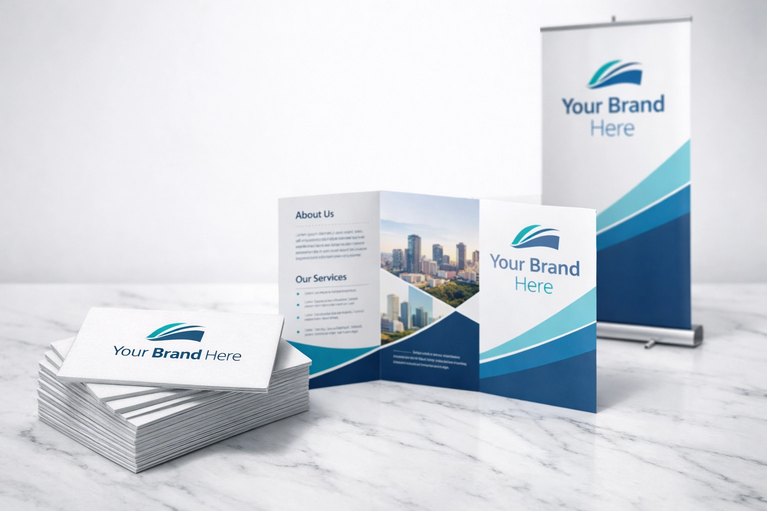 High-quality business printing samples including custom business cards, brochures, and a pull-up banner.
