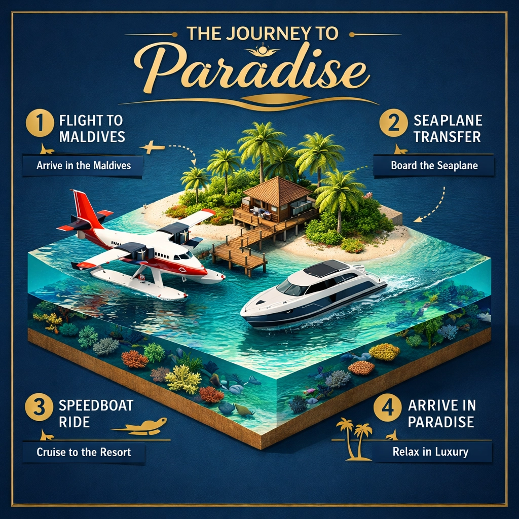 Visual guide to seaplane and speedboat transfers for Maldives luxury resort guests.
