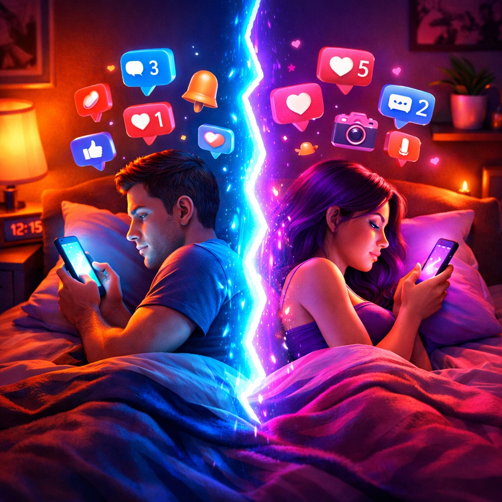 Couple in bed distracted by smartphones instead of connecting intimately