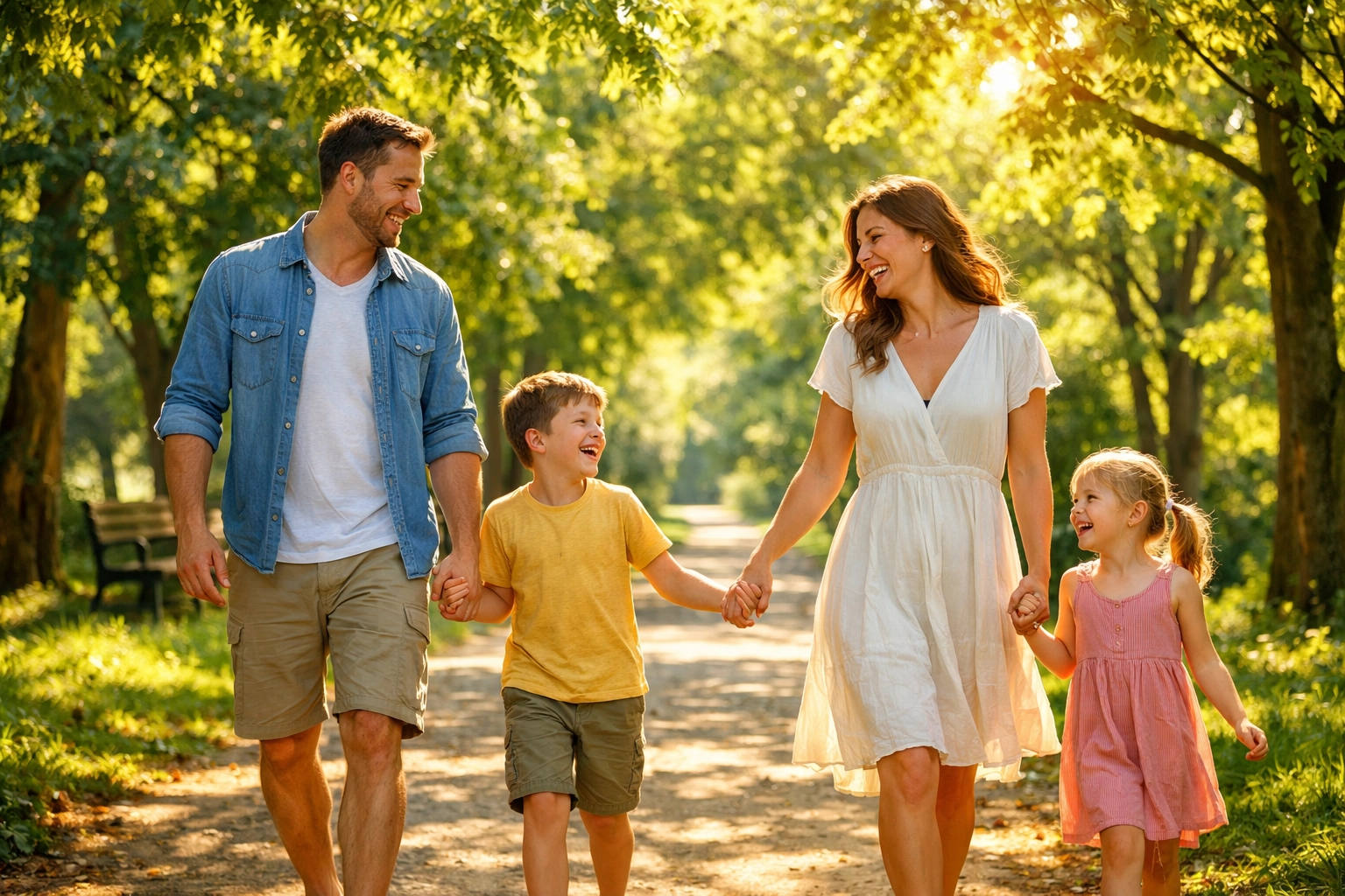 A happy family walking in a sunny park, reflecting the joy and unity of living out biblical love together.