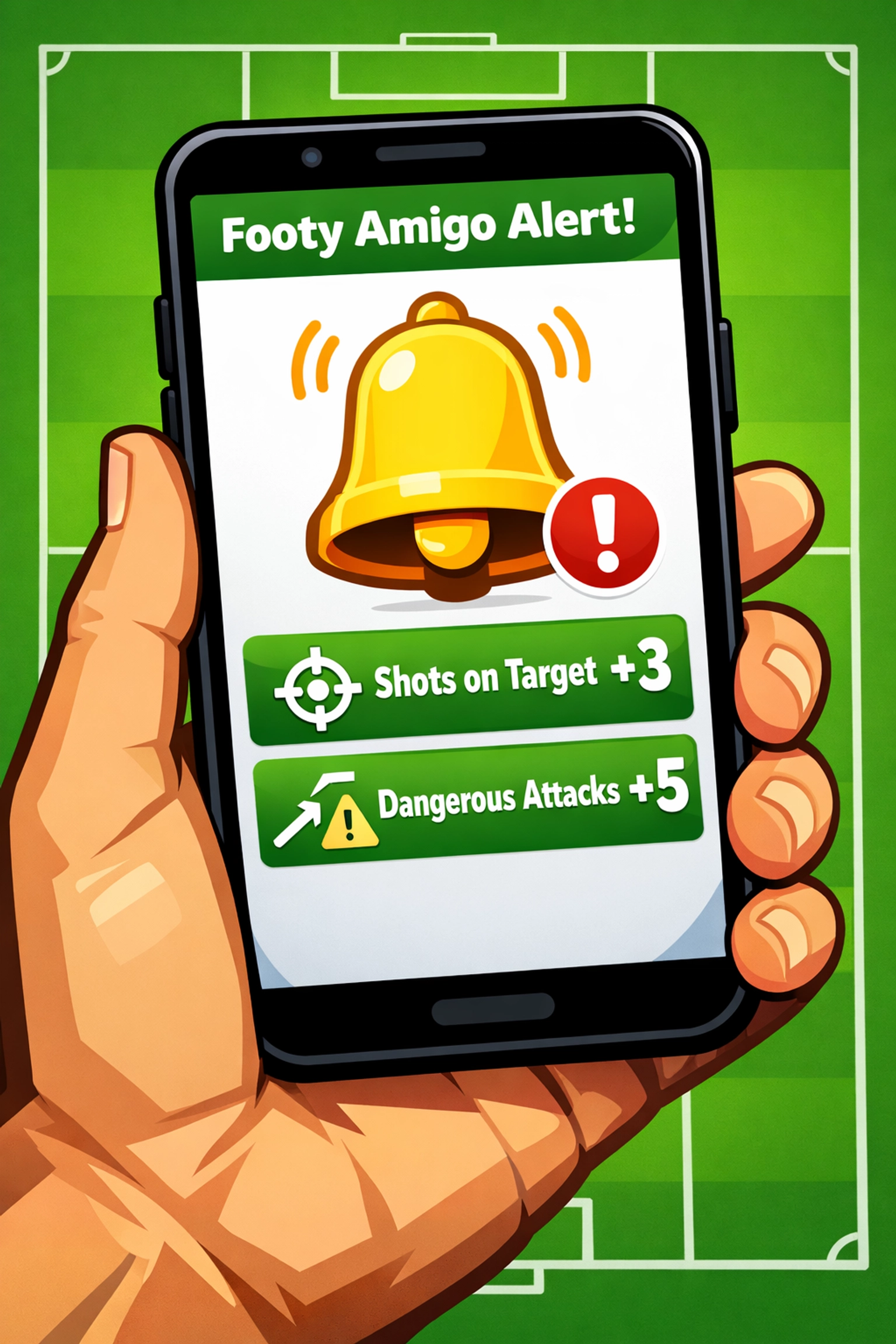 Smartphone displaying live football in-play stats and betting alerts for attacking pressure.