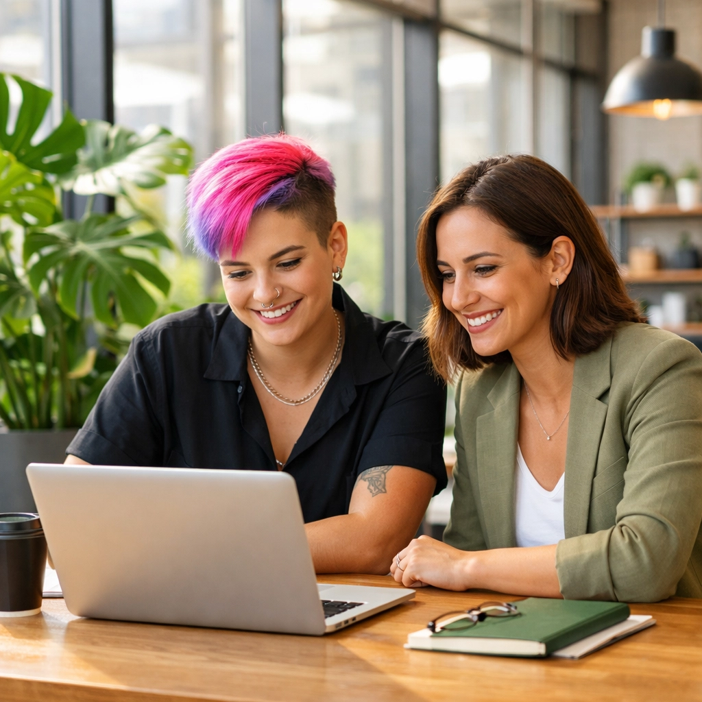 Diverse queer professionals collaborating at a modern, inclusive LGBTQ+ friendly coworking space.