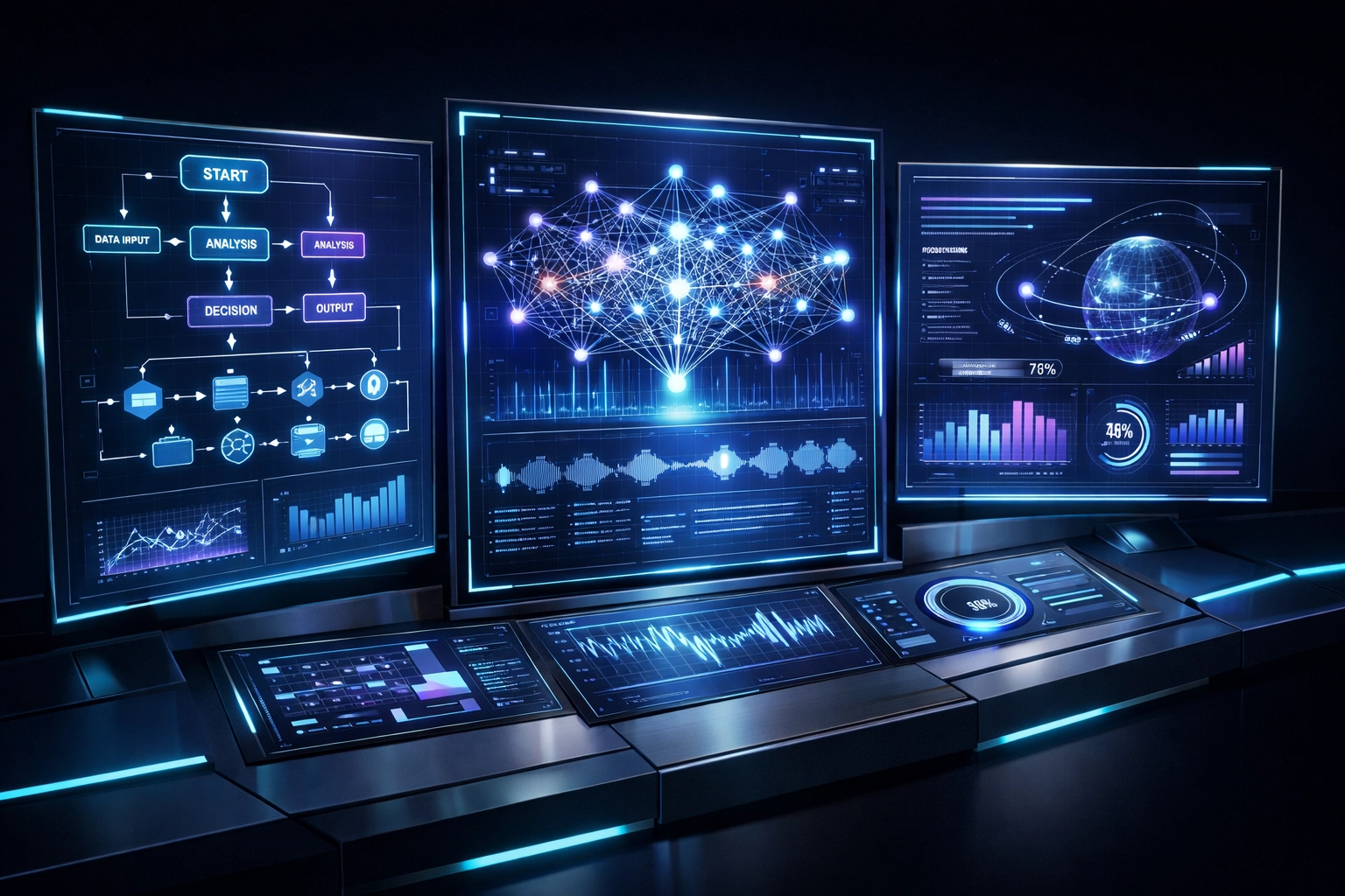 Holographic dashboard showing autonomous AI agents for B2B workflow automation systems